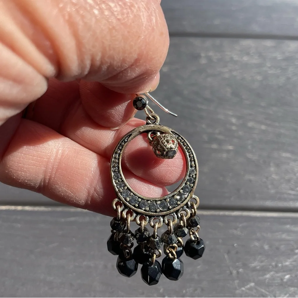 Vintage Dangle Earrings pierced black beads crystal 2” long